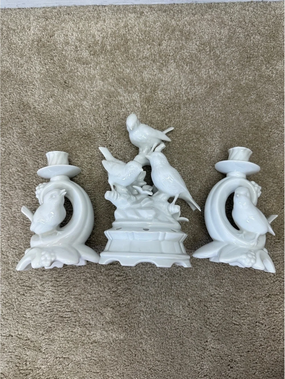 VTG Dresden Porcelain Wolfsohn & Sons Pair Of Bird Candle Holders + Flower Frog